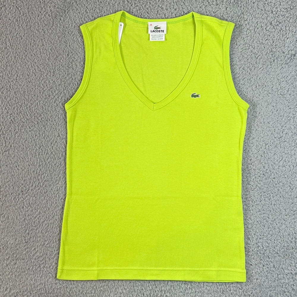 Lacoste Tank Top Women US Size M (EU/6) Lime Green V-Neck Cotton Logo Sleeveless
